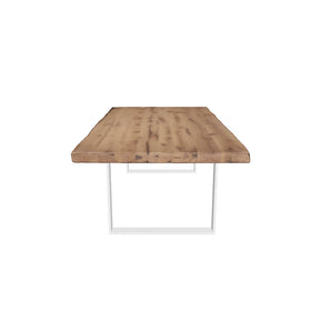3D-Modell eines Tisches aus Altholz Eiche, geschliffener Oberfläche auf zwei Stahlframes zum Drehen