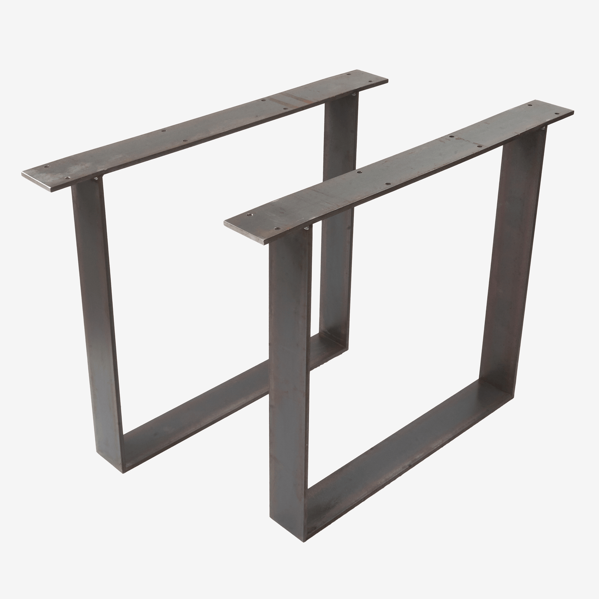 Tisch Fußgestell aus rohem Stahl. Ein Paar, zwei Rahmen, aus Flachstahl mit Patina und Schraubenlöchern
