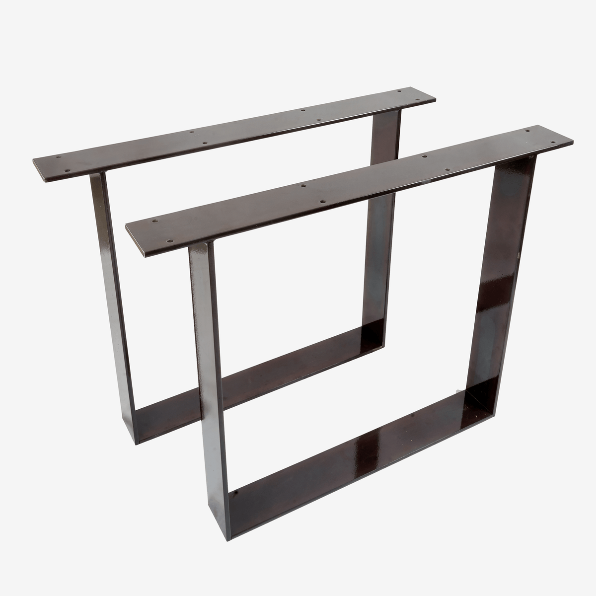 Tisch Fußgestell aus rohem transparent lackiertem Stahl. Ein Paar, zwei Rahmen, aus Flachstahl mit Patina und Schraubenlöchern